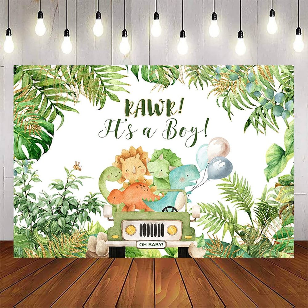 Avezano Dinosaur Baby Shower Party Decorations Backdrop for Boy Cartoon Dino It's a Boy Background for Baby Shower Jungle Palm Leaves Theme Dessert Table Banner (8x6ft)