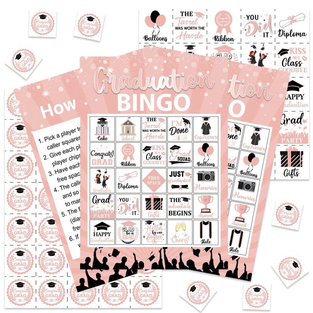 Balterever Graduation Bingo Games Rose Gold Graduation Game for 24 Players Graduation Party Games and Activities Funny Grad Party Game Cards for High School or College Graduation Party Supplies