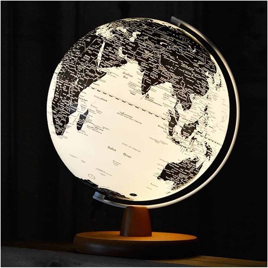 Globe 25cm/10in World Globe Lighted Globe Black Globe with Wood Stand White Ocean Touch Dimmable Kids Office Decor Globe Globe for Decor