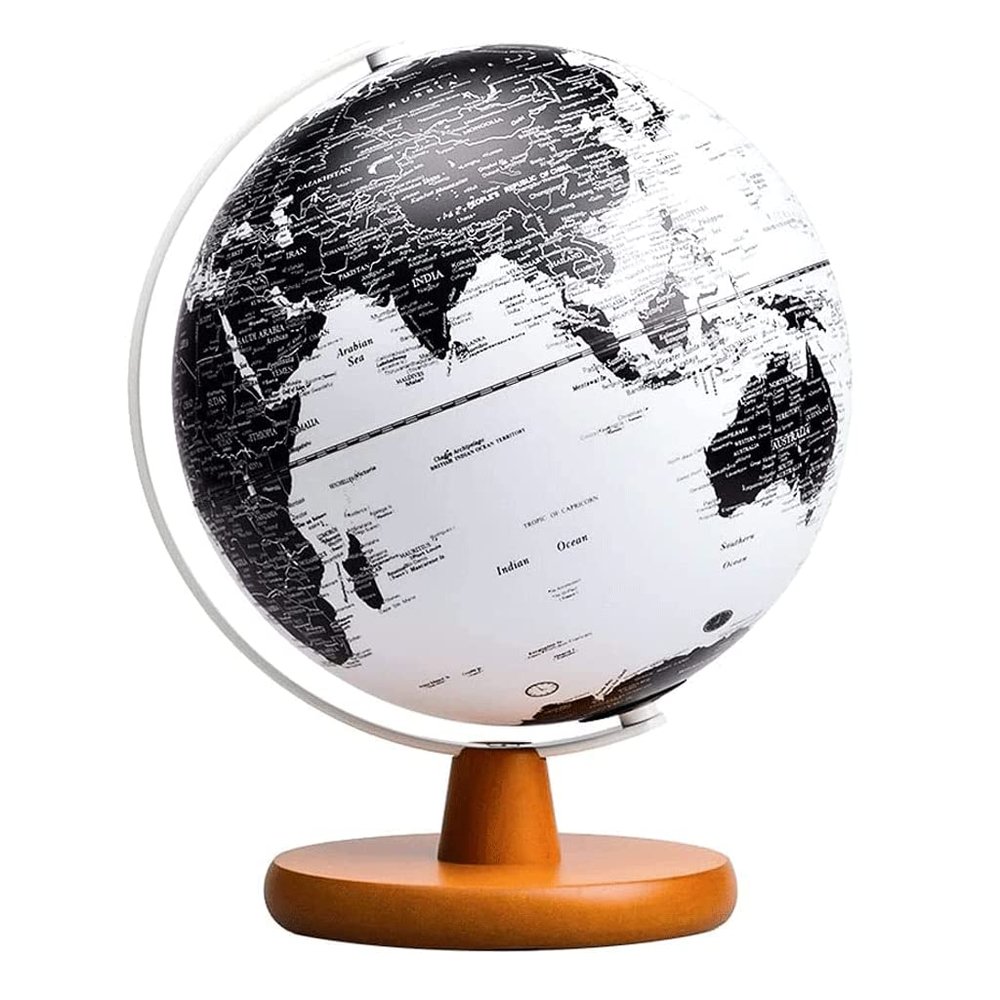 OLOTU Globe Newest Version Black and White World Globe 3D Stereo with Wood Stand Lighted Led Rotating Kids Globe 7.8 Inch Diameter Globe for Decor