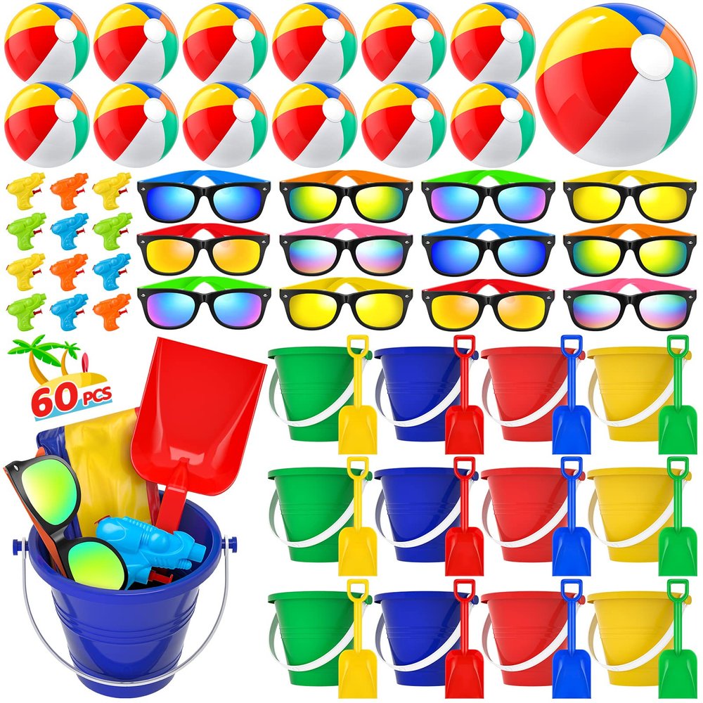 Pool Party Favors Beach Party Favors - 60 PCS Pool Toys For Kids Ages 3-8 Beach Balls Bulk, Sand Bucket and Shovels Set, Kids Sunglasses Bulk, Beach Summer Toys, Pool Party Supplies,Sand Toys