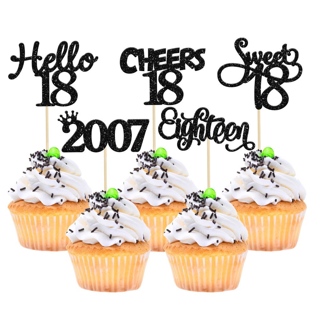 Gyufise 30 Pack Black Glitter 18th Birthday Cupcake Toppers Hello Sweet 18 Sixteen Since 2007 Cupcake Picks for Cheers to 18th Birthday Party Cake Decorations Supplies