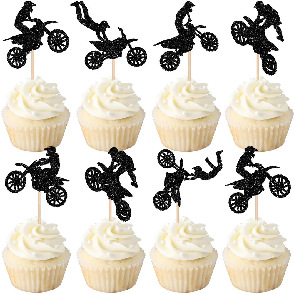24 PCS Motorcycle Cupcake Toppers Black Glitter Motocross Dirt Bike Party Cupcake Picks for Sports Motocross Theme Man Boy Birthday Party Cake Decorations Supplies