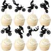 24 PCS Motorcycle Cupcake Toppers Black Glitter Motocross Dirt Bike Party Cupcake Picks for Sports Motocross Theme Man Boy Birthday Party Cake Decorations Supplies view 1