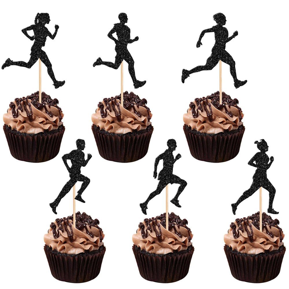 24 PCS Running Cupcake Toppers Black Glitter Sports Fitness Cupcake Picks for Running Theme Boys Girls Birthday Party Cake Decorations Supplies