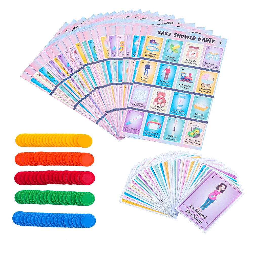 Baby Shower Bingo Kit - Bilingual English Spanish, for 20 Players - Includes 1 Deck of Cards and Boards - with 100 Bingo Chips - Juegos para Baby Shower en Espaol - Great for Learning Spanish.