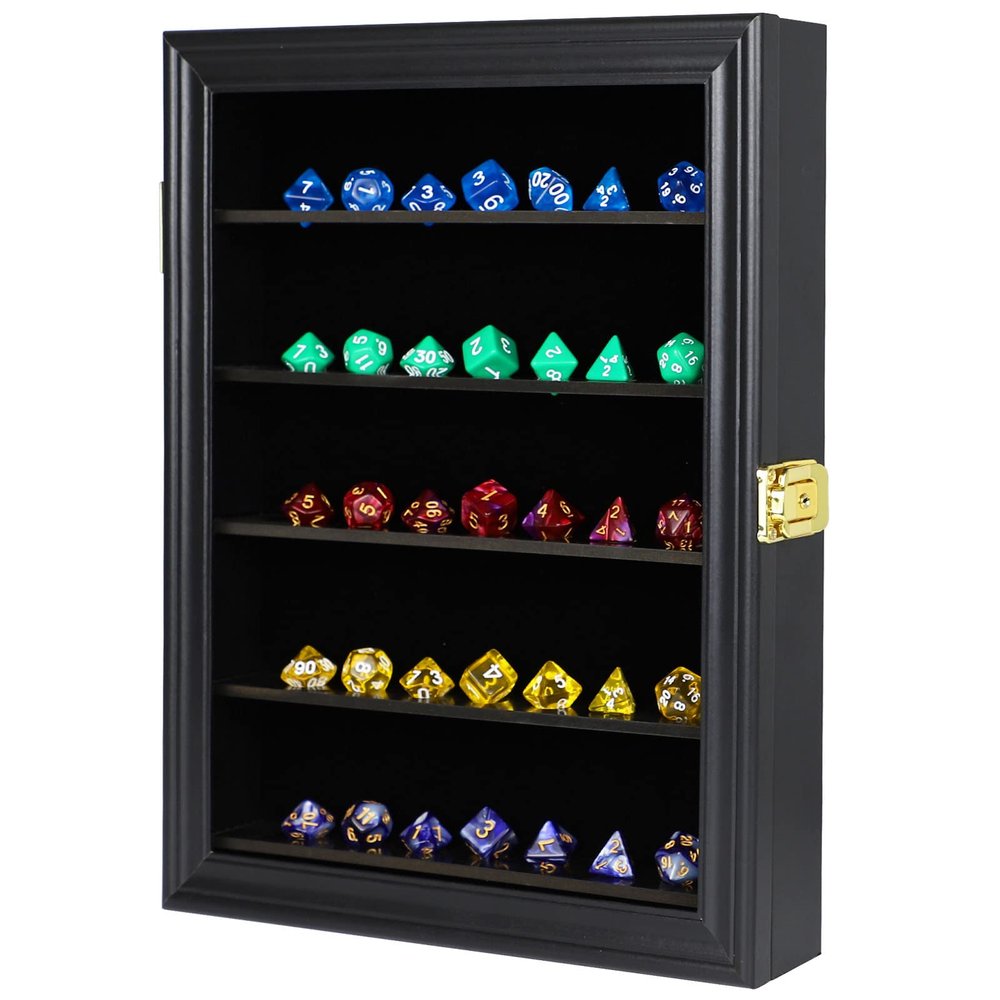 HOROW DND Dice Display Case Holds 5 Sets Polyhedral Hexagonal Dice Lockable Wall Mount w/98% UV Protection Dice Collectors Dice Organizer Shelf Box for Game Night Player d&d
