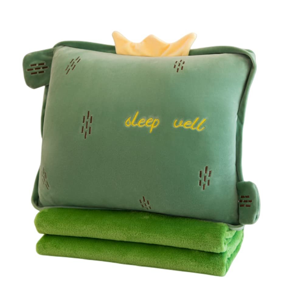 Rikyo 15" Stuffed Fruit Travel Blanket and Pillow Set,3 in 1 Plush Stuffed Hugging Pillow with Warming Hands Pillow Blanket for Kids Gift Travel Airplane Train Bed Office Nap (Cactus - Green)