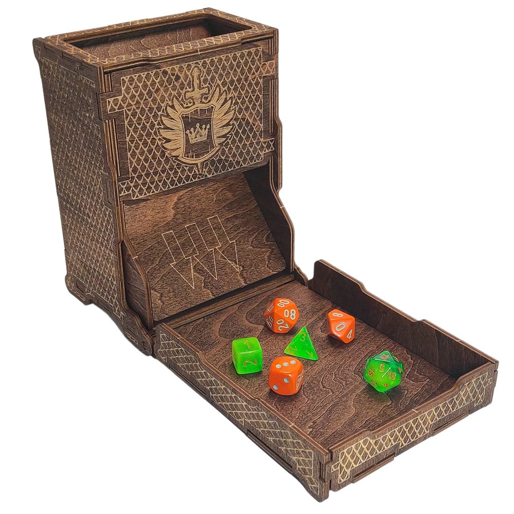 FOXBITE Dice Tower for Dungeons and Dragons - Wooden Laser-Etched DND Dice Roller, Portable & Collapsible with Tray
