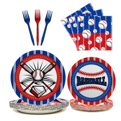 96 Pcs Baseball Plates Baseball Birthday Party Supplies Including Baseball Plates and Napkins Forks, Baseball Party Decorations