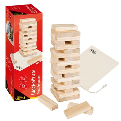 Idena 40087-Wackelturm Wood, Skill Game with 54 Bricks and Storage Bag, Large Stacking Tower Approx. 8 x 8 x 26 cm, 40087