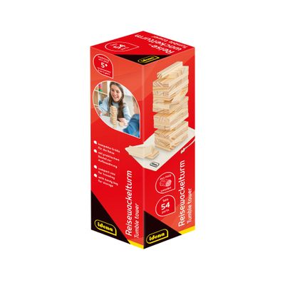 Idena 40088 Wooden Travel Game with 54 Building Blocks and Storage Bag, Approx. 4.8 x 4.8 x 14.4 cm Stacking Tower