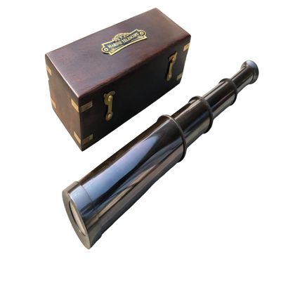Marine Telescope Collectible Decor Nautical Spyglass Antique Mounted Solid Brass Pirate Telescope Vintage Handcrafted Collapsible Pirate Spyglass Scope with Hardwood Box (14")