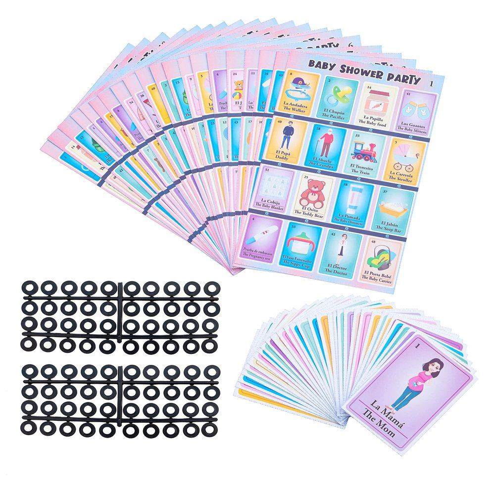 ELIASM Baby Shower Bingo Kit - Bilingual English Spanish, for 20 Players - Includes 1 Deck of Cards and Boards - with 240 Markers - for The Entire Family - Great for Learning Spanish.