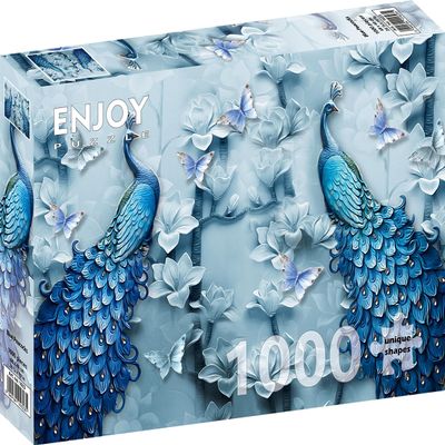 1000 Pieces Jigsaw Puzzle for Adults  Matte Finish, Soft Touch, Easy to Assemble, Tight Fit, Vivid Colors, Missing Pieces Service  Blue Peacocks with Flowers and Butterflies by ENJOY Puzzle