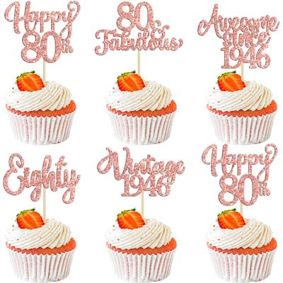 30Pcs Vintage 1946 Cupcake Toppers Glitter Eighty 80 Fabulous Happy 80th Birthday Cupcake Picks Cheers to 80 Years for 80th Birthday Anniversary Party Cake Decorations Supplies Rose Gold