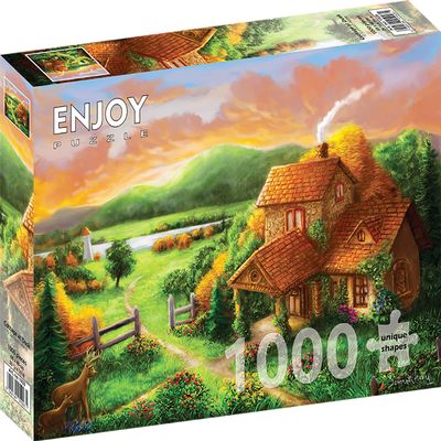 1000 Pieces Jigsaw Puzzle for Adults Matte Finish, Soft Touch, Easy to Assemble, Tight Fit, Vivid Colors, Missing Pieces Service Forest Sunset Landscape with Rustic Cottage by ENJOY Puzzle