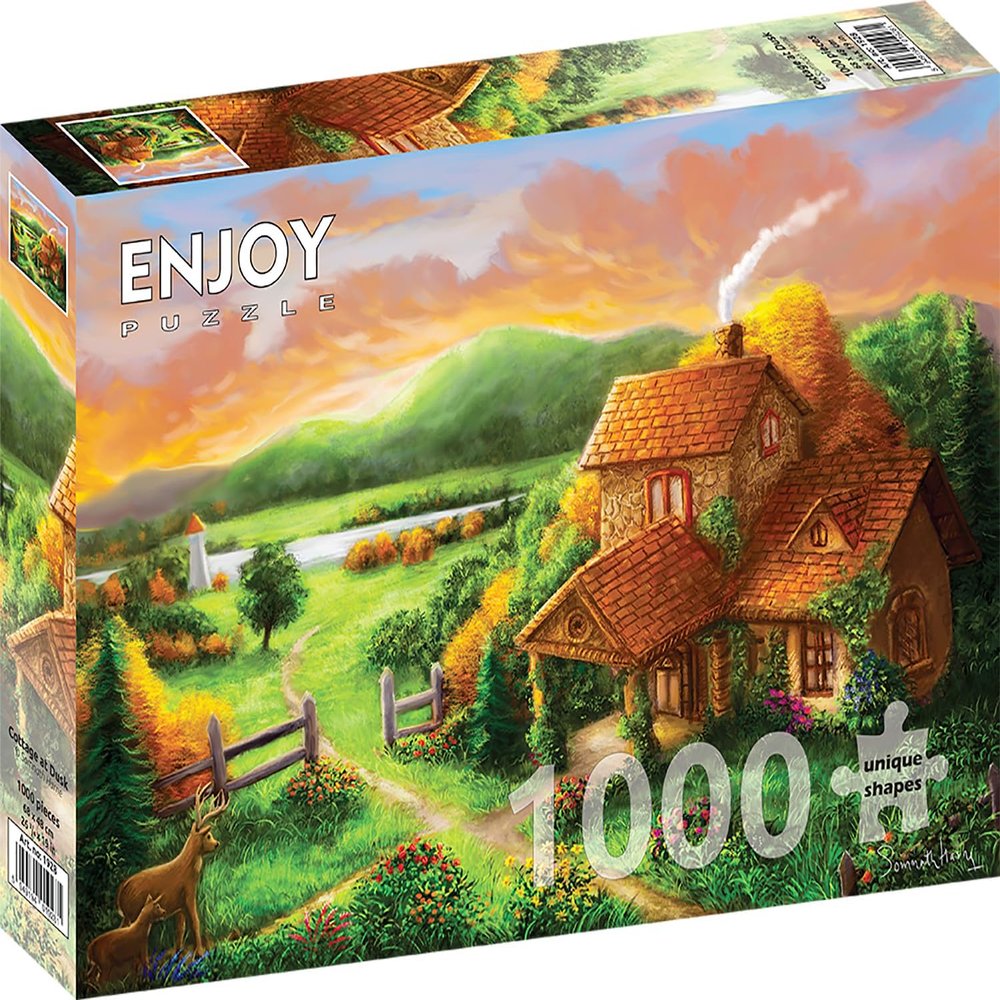 1000 Pieces Jigsaw Puzzle for Adults  Matte Finish, Soft Touch, Easy to Assemble, Tight Fit, Vivid Colors, Missing Pieces Service  Forest Sunset Landscape with Rustic Cottage by ENJOY Puzzle