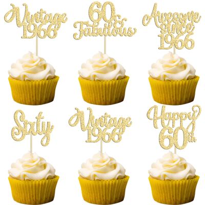 30Pcs Vintage 1966 Cupcake Toppers Glitter Sixty Happy 60th Birthday 60 Fabulous Cupcake Picks Cheers to 60 Years for 60th Birthday Wedding Anniversary Party Cake Decorations Supplies Gold