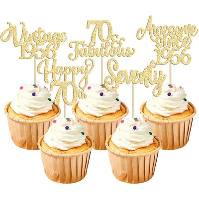 30Pcs Vintage 1955 Cupcake Toppers Glitter Seventy Happy 70th Birthday 70 Fabulous Cupcake Picks Cheers to 70 Years for 70th Birthday Wedding Anniversary Party Cake Decorations Supplies Gold