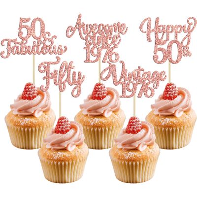 30Pcs Vintage 1975 Cupcake Toppers Glitter Fifty 50 Fabulous Happy 50th Birthday Cupcake Picks Cheers to 50 Years for 50th Birthday Anniversary Party Cake Decorations Supplies Rose Gold