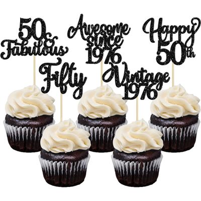 30Pcs Happy 50th Birthday Cupcake Toppers Glitter Fifty Vintage 1976 Cupcake Picks Cheers to 50 Fabulous Cake Decorations for 50th Birthday Wedding Anniversary Party Supplies Black