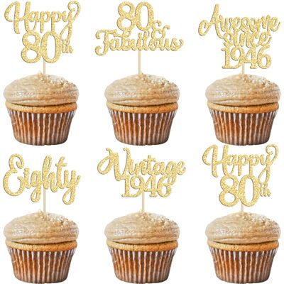 30Pcs Vintage 1946 Cupcake Toppers Glitter Eighty Happy 80th Birthday 80 Fabulous Cupcake Picks Awesome Since 1946 Cake Decorations for 80th Birthday Anniversary Retirement Party Supplies Gold
