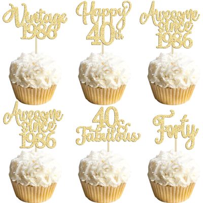 30Pcs Vintage 1986 Cupcake Toppers Glitter Forty Happy 40th Birthday 40 Fabulous Cupcake Picks Cheers to 40 Years for 40th Birthday Wedding Anniversary Party Cake Decorations Supplies Gold