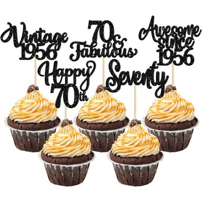 30Pcs Happy 70th Birthday Cupcake Toppers Glitter Seventy Vintage 1956 Cupcake Picks Cheers to 70 Fabulous Cake Decorations for 70th Birthday Wedding Anniversary Party Supplies Black