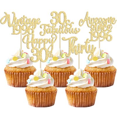 30Pcs Vintage 1995 Cupcake Toppers Glitter Thirty Happy 30th Birthday 30 Fabulous Cupcake Picks Cheers to 30 Years for 30th Birthday Wedding Anniversary Party Cake Decorations Supplies Gold