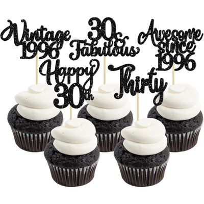 30Pcs Happy 30th Birthday Cupcake Toppers Glitter Thirty Vintage 1996 Cupcake Picks Cheers to 30 Fabulous Cake Decorations for 30th Birthday Wedding Anniversary Party Supplies Black