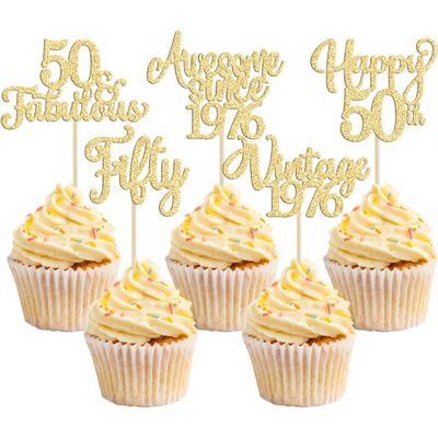30Pcs Vintage 1976 Cupcake Toppers Glitter Fifty Happy 50th Birthday 50 Fabulous Cupcake Picks Cheers to 50 Years for 50th Birthday Wedding Anniversary Party Cake Decorations Supplies Gold
