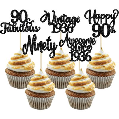 30Pcs Happy 90th Birthday Cupcake Toppers Glitter Awesome Since 1936 Ninety 90 Fabulous Vintage 1936 Cupcake Picks for 90th Birthday Anniversary Retirement Party Cake Decorations Supplies Black