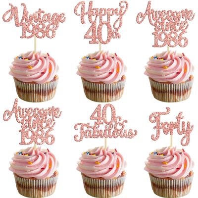 30Pcs Vintage 1986 Cupcake Toppers Glitter Forty 40 Fabulous Happy 40th Birthday Cupcake Picks Cheers to 40 Years for 40th Birthday Anniversary Party Cake Decorations Supplies Rose Gold