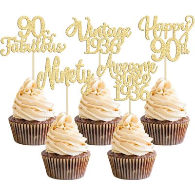 30Pcs Vintage 1935 Cupcake Toppers Glitter Ninety Happy 90th Birthday 90 Fabulous Cupcake Picks Awesome Since 1935 Cake Decorations for 90th Birthday Anniversary Retirement Party Supplies Gold