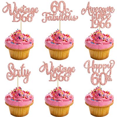 30Pcs Vintage 1966 Cupcake Toppers Glitter Sixty 60 Fabulous Happy 60th Birthday Cupcake Picks Cheers to 60 Years for 60th Birthday Anniversary Party Cake Decorations Supplies Rose Gold