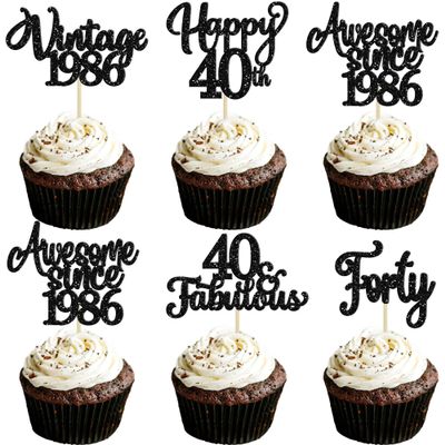 30Pcs Happy 40th Birthday Cupcake Toppers Glitter Forty Vintage 1986 Cupcake Picks Cheers to 40 Fabulous Cake Decorations for 40th Birthday Wedding Anniversary Party Supplies Black