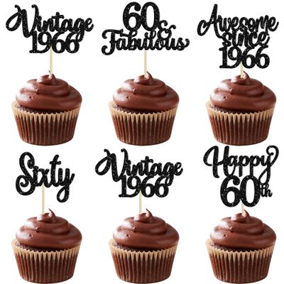 30Pcs Happy 60th Birthday Cupcake Toppers Glitter Sixty Vintage 1966 Cupcake Picks Cheers to 60 Fabulous Cake Decorations for 60th Birthday Wedding Anniversary Party Supplies Black