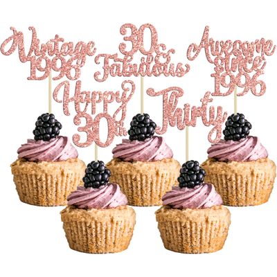 30Pcs Vintage 1995 Cupcake Toppers Glitter Thirty 30 Fabulous Happy 30th Birthday Cupcake Picks Cheers to 30 Years for 30th Birthday Anniversary Party Cake Decorations Supplies Rose Gold