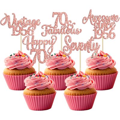 30Pcs Vintage 1956 Cupcake Toppers Glitter Seventy 70 Fabulous Happy 70th Birthday Cupcake Picks Cheers to 70 Years for 70th Birthday Anniversary Party Cake Decorations Supplies Rose Gold