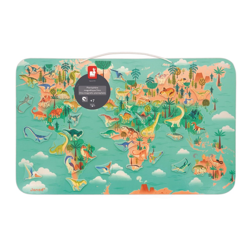 Janod World Map-50 Dinosaur Magnets + 1 Board + 1 Model Poster-Childrens Educational Game-7 Years +, J05836, Multicolor