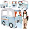 Wooden Play Camper Van Toy Playset w Steering Wheel, Kitchen, Stove, Oven, Bed, Pillow, Pretend Shower, Curtains, Personalization Stickers- Indoor Retro Car Camping, Travel RV Adventure- Ages 3+ Gift view 1