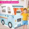 Wooden Play Camper Van Toy Playset w Steering Wheel, Kitchen, Stove, Oven, Bed, Pillow, Pretend Shower, Curtains, Personalization Stickers- Indoor Retro Car Camping, Travel RV Adventure- Ages 3+ Gift view 2