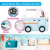 Wooden Play Camper Van Toy Playset w Steering Wheel, Kitchen, Stove, Oven, Bed, Pillow, Pretend Shower, Curtains, Personalization Stickers- Indoor Retro Car Camping, Travel RV Adventure- Ages 3+ Gift view 3