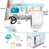 Wooden Play Camper Van Toy Playset w Steering Wheel, Kitchen, Stove, Oven, Bed, Pillow, Pretend Shower, Curtains, Personalization Stickers- Indoor Retro Car Camping, Travel RV Adventure- Ages 3+ Gift view 4