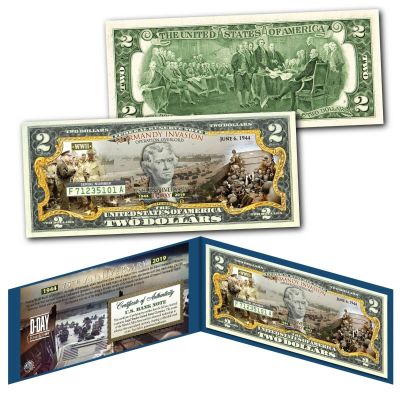 World WAR II - D-Day Normandy Invasion 75th Anniversary Uncirculated Two Dollar Bill Special Edition Collectible Display Holder and Certificate