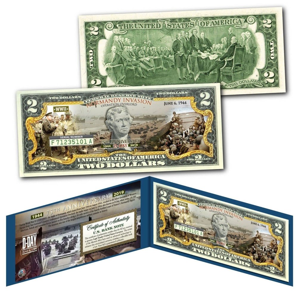 World WAR II - D-Day Normandy Invasion 75th Anniversary Uncirculated Two Dollar Bill Special Edition Collectible Display Holder and Certificate