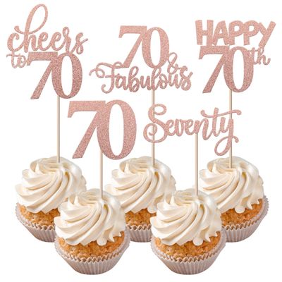 Rsstarxi 30 Pack Happy 70th Birthday Cupcake Toppers Rose Gold Glitter Seventy Cheers to 70 Years Old Birthday Cupcake Picks for 70th Birthday Anniversary Party Cake Decorations Supplies
