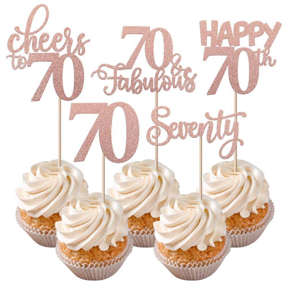 Rsstarxi 30 Pack Happy 70th Birthday Cupcake Toppers Rose Gold Glitter Seventy Cheers to 70 Years Old Birthday Cupcake Picks for 70th Birthday Anniversary Party Cake Decorations Supplies