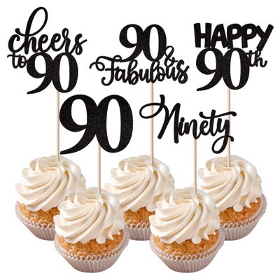 Rsstarxi 30 Pack Happy 90th Birthday Cupcake Toppers Black Glitter Ninty Cheers to 90 Years Old Cupcake Picks for Anniversary Party Cake Decorations